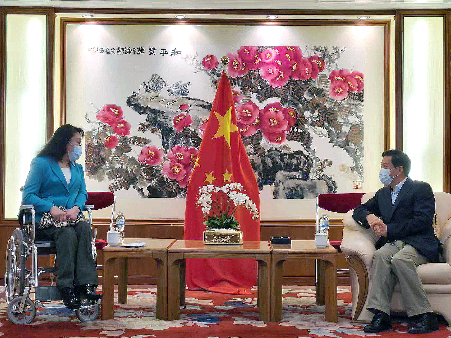 图为张海迪与驻泰国大使韩志强会谈
